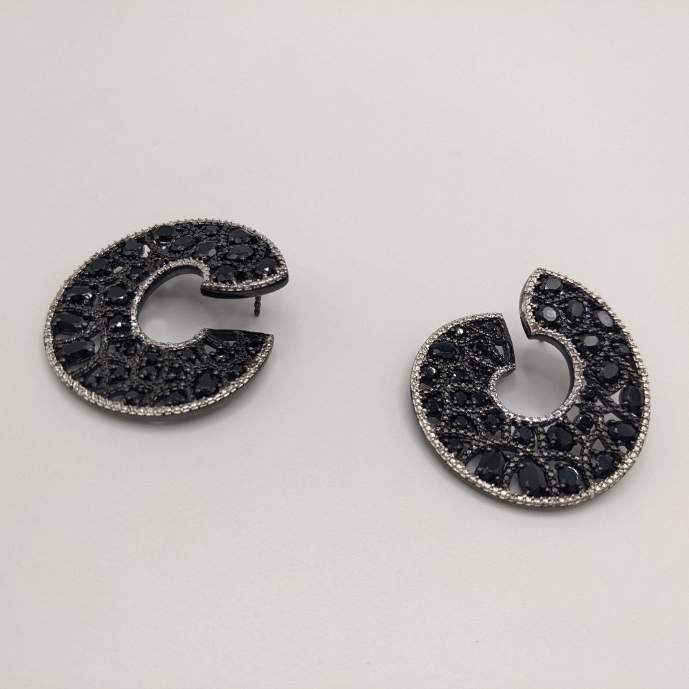 Unique Black Spinel Gemstone Swirl Hoop Earrings Sterling Silver - Picture 8 of 12